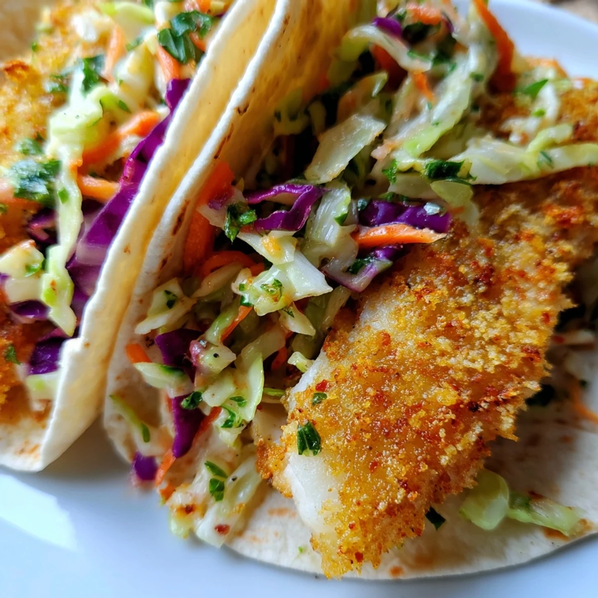 Crispy Fish Tacos With Cilantro Lime Slaw served on warm corn tortillas with fresh lime wedges on the side.