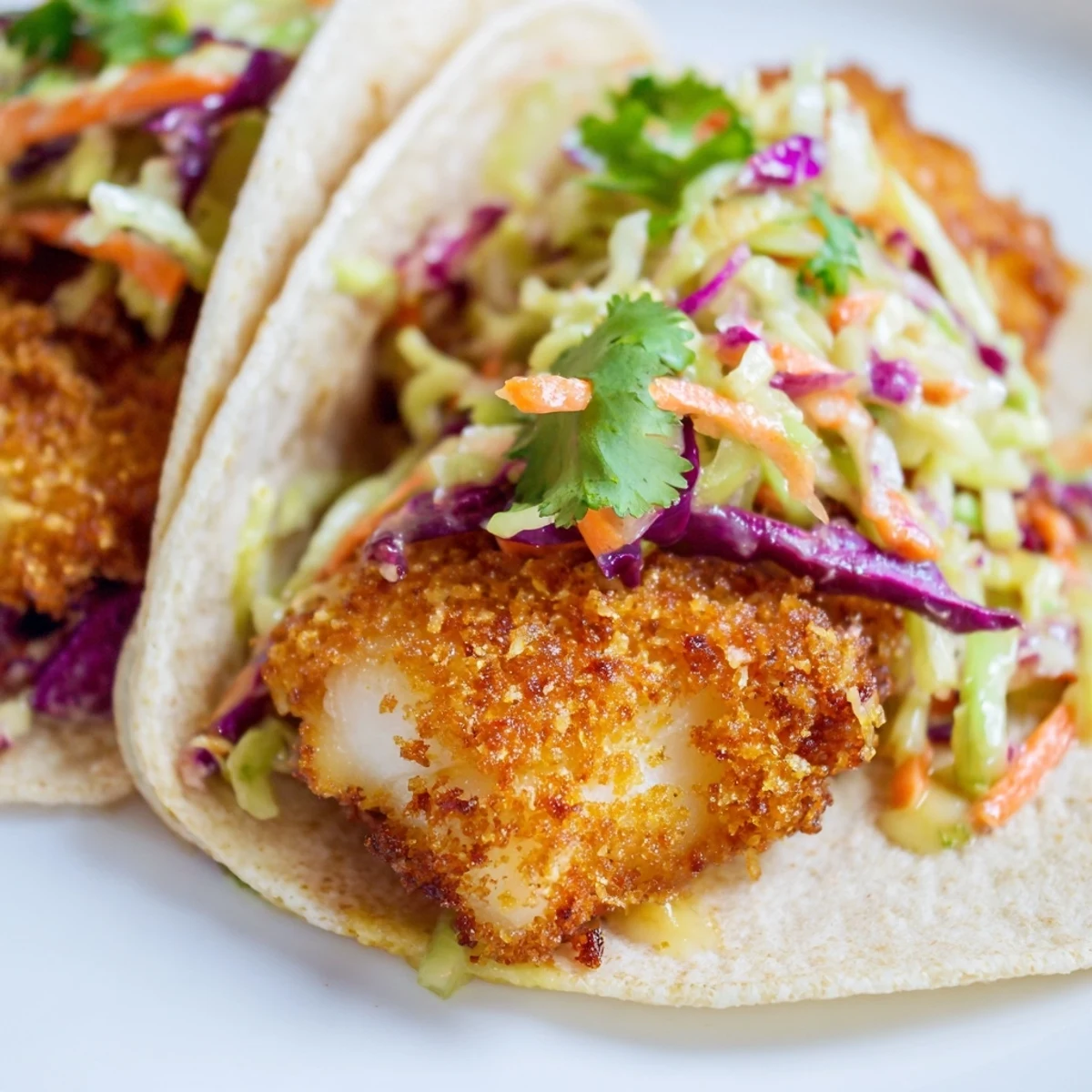 Golden fried fish strips are topped with creamy cilantro lime slaw for a bright, crunchy bite.