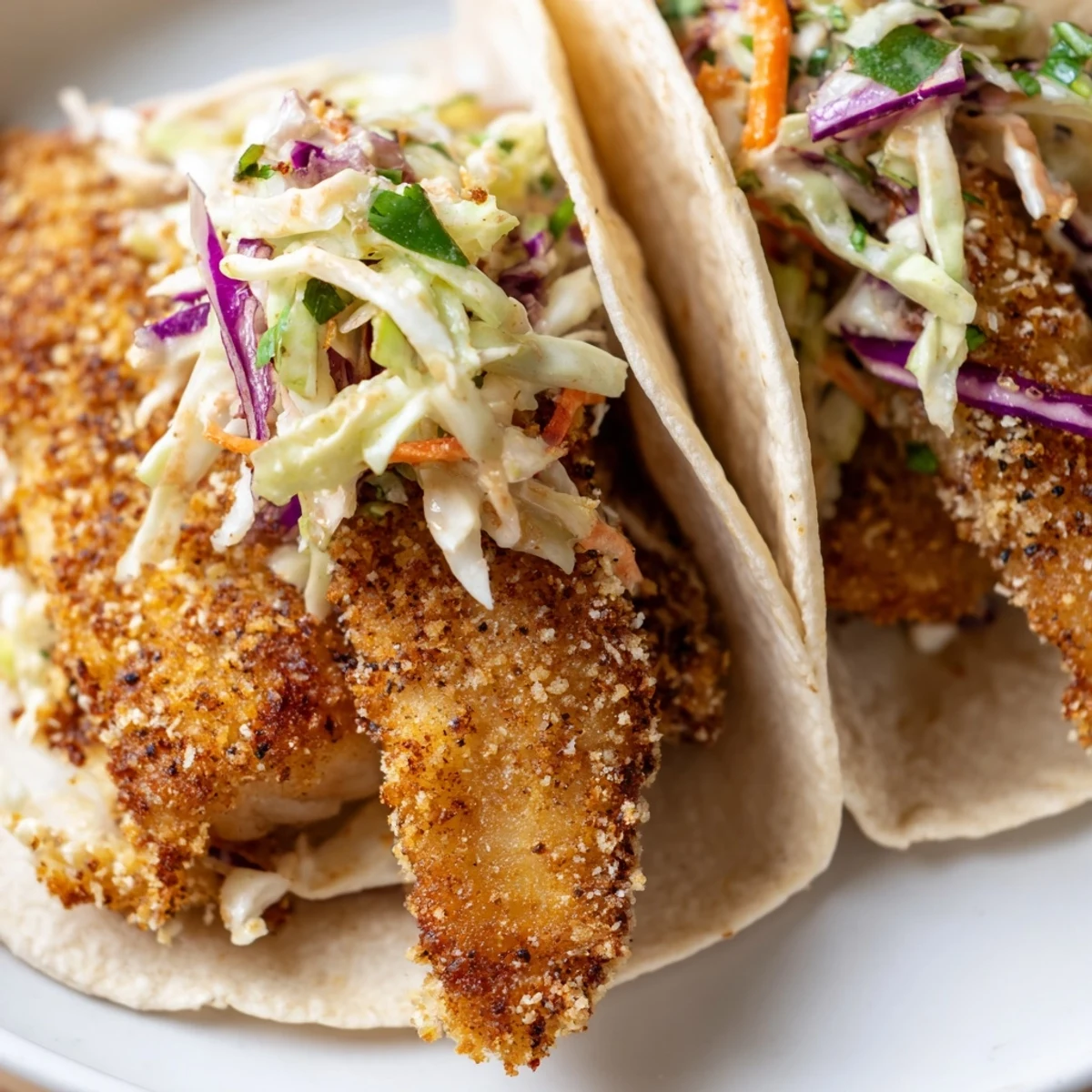 Freshly made Crispy Fish Tacos With Cilantro Lime Slaw on a plate, garnished with jalapeños and cilantro.
