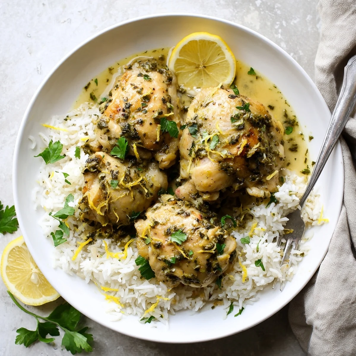 Slow cooker lemon herb chicken with fluffy rice served in a white bowl, garnished with fresh parsley and lemon zest.