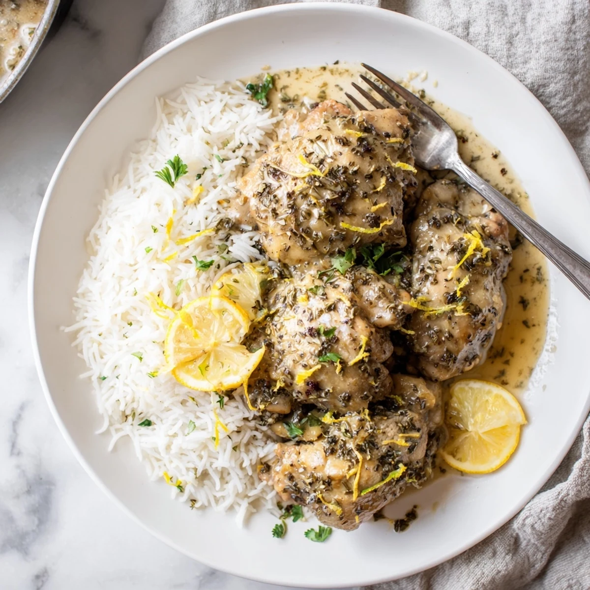 A comforting serving of slow cooker lemon herb chicken with fluffy rice, featuring golden herbs and steam rising.