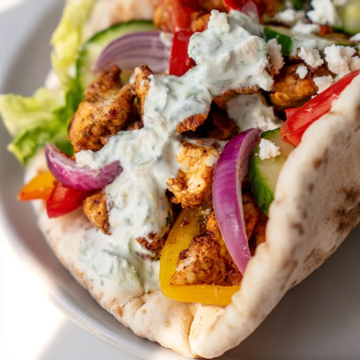 A close-up of Sheet Pan Chicken Pitas with Herby Ranch, garnished with feta and fresh dill.