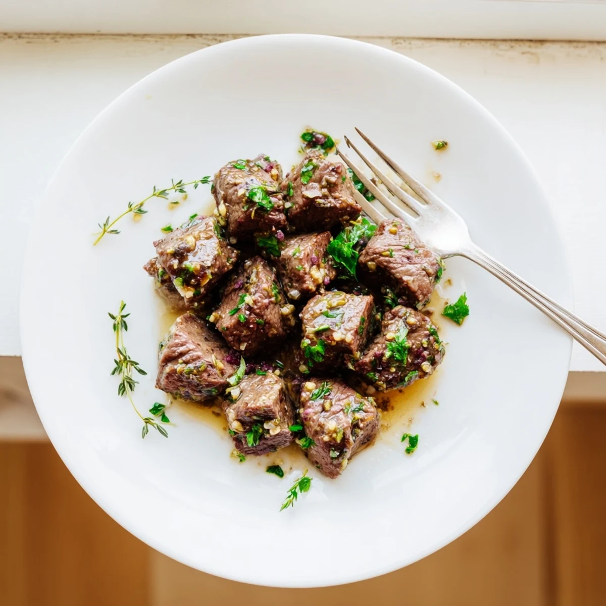 Golden-brown Garlic Butter Steak Bites glistening with herbed butter and fresh parsley in a cast iron skillet.