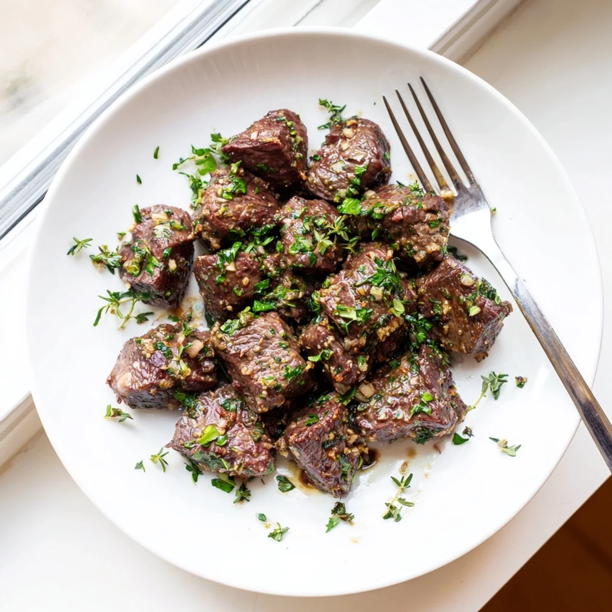 Sizzling Garlic Butter Steak Bites served over creamy mashed potatoes with fresh parsley garnish.
