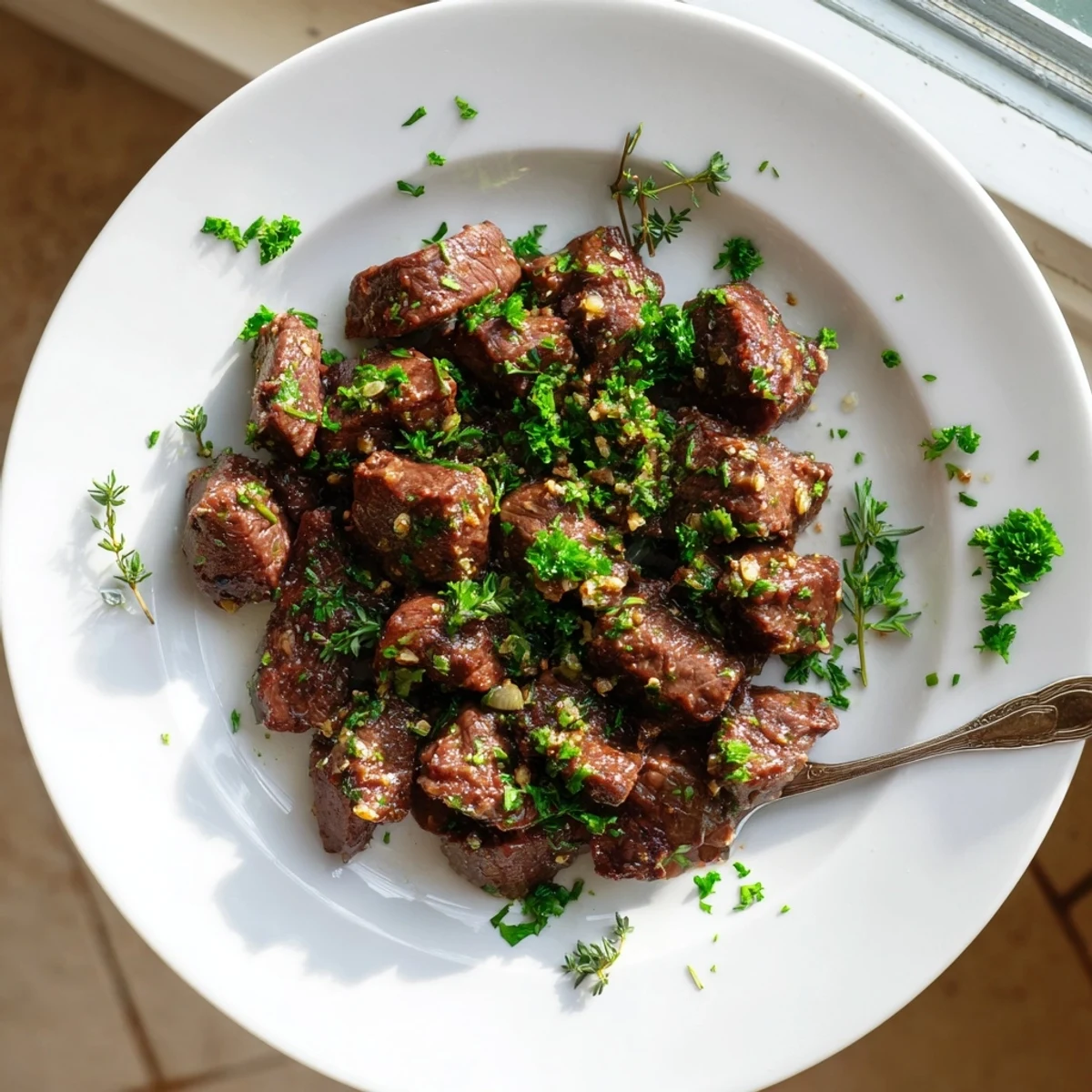 Tender Garlic Butter Steak Bites plated with crusty bread to soak up the rich garlic sauce.