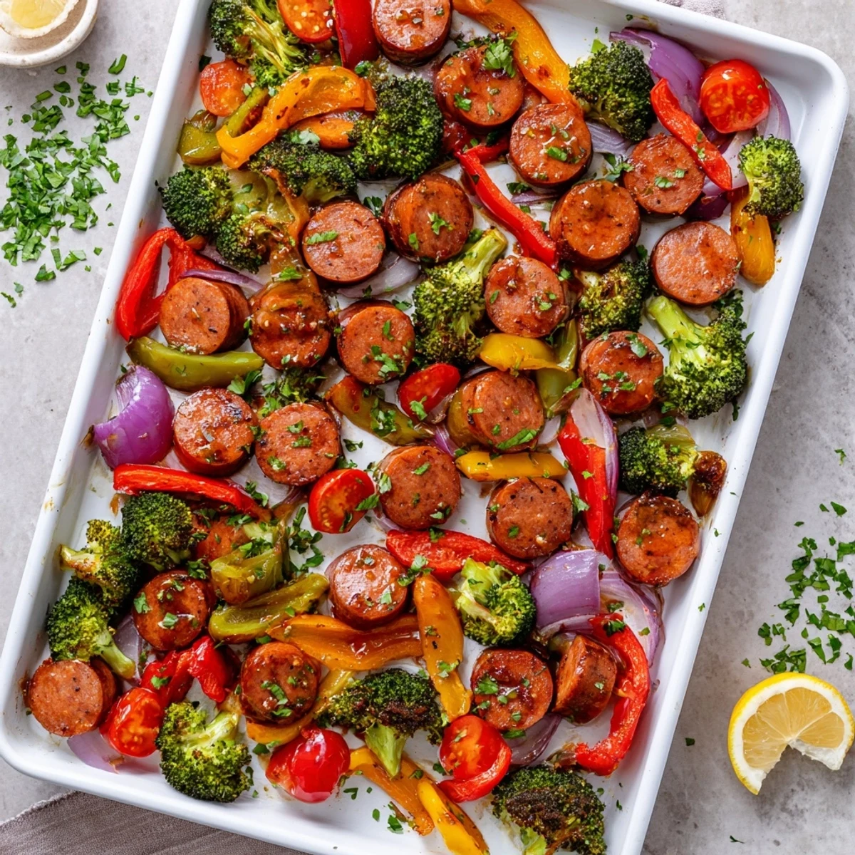 Sizzling One Pan Honey Garlic Kielbasa & Veggies fresh from the oven, garnished with parsley and lemon wedges.