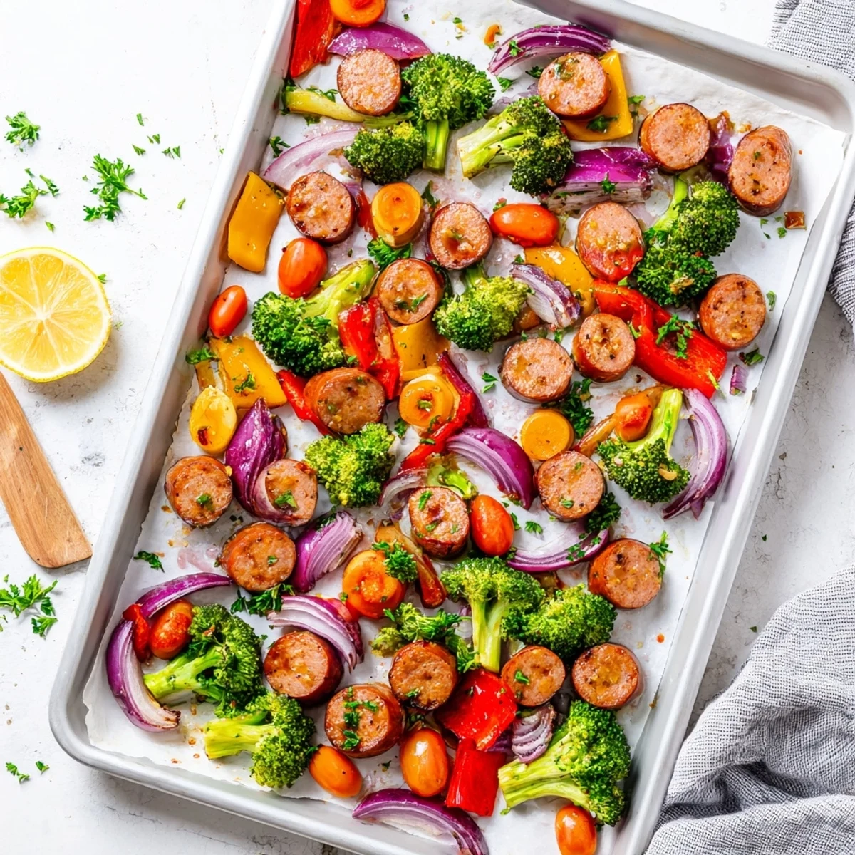 Golden roasted One Pan Honey Garlic Kielbasa & Veggies with colorful peppers and tender broccoli on a sheet pan.