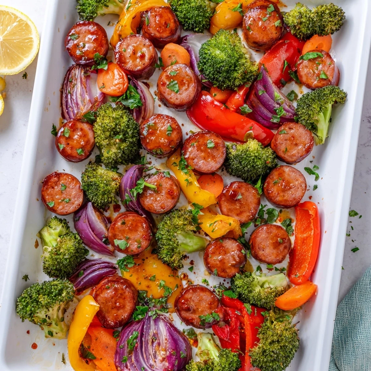 Family-style One Pan Honey Garlic Kielbasa & Veggies featuring smoky sausage, caramelized onions, and a glossy honey garlic glaze.