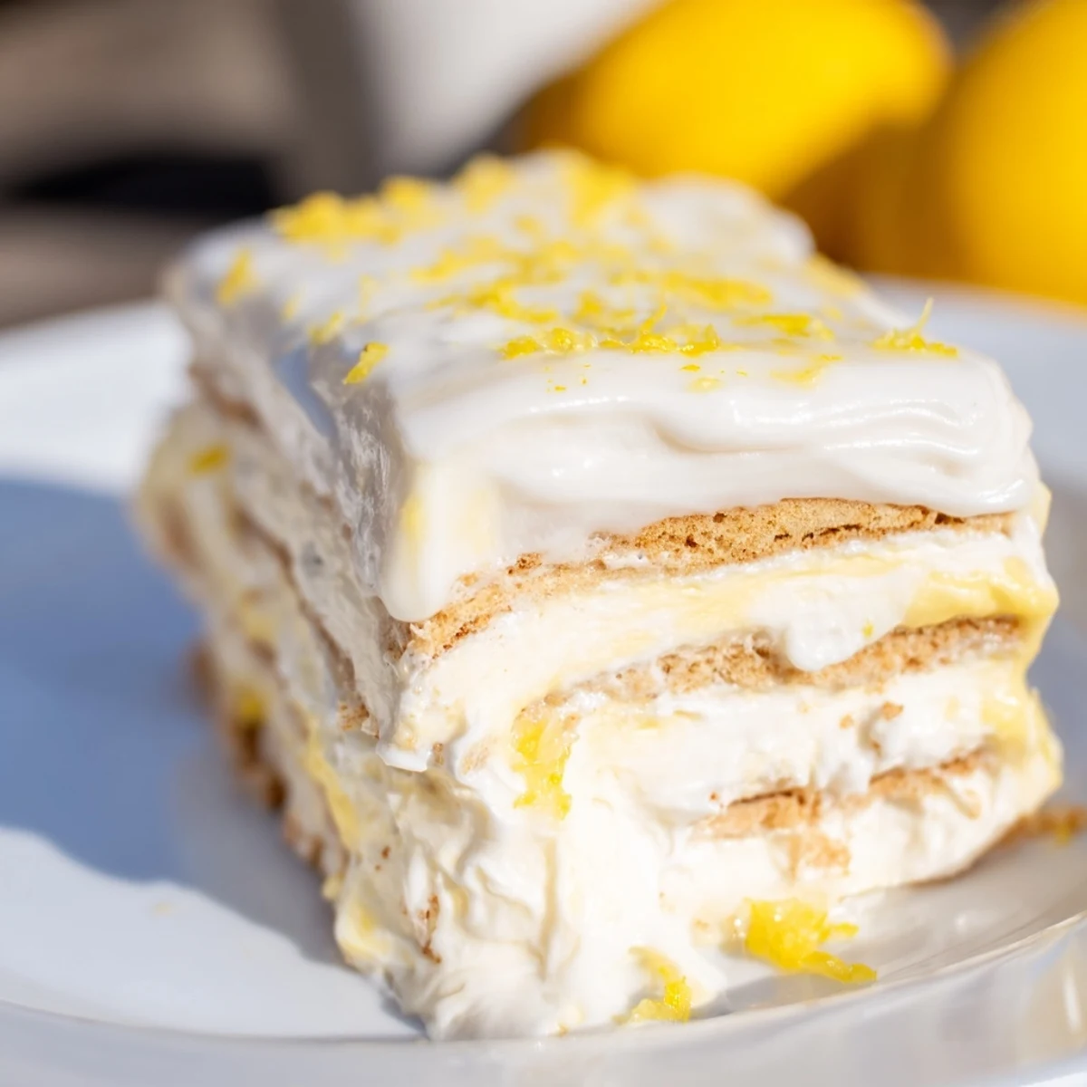 Golden no bake lemon eclair cake drizzled with tangy glaze and fresh lemon zest