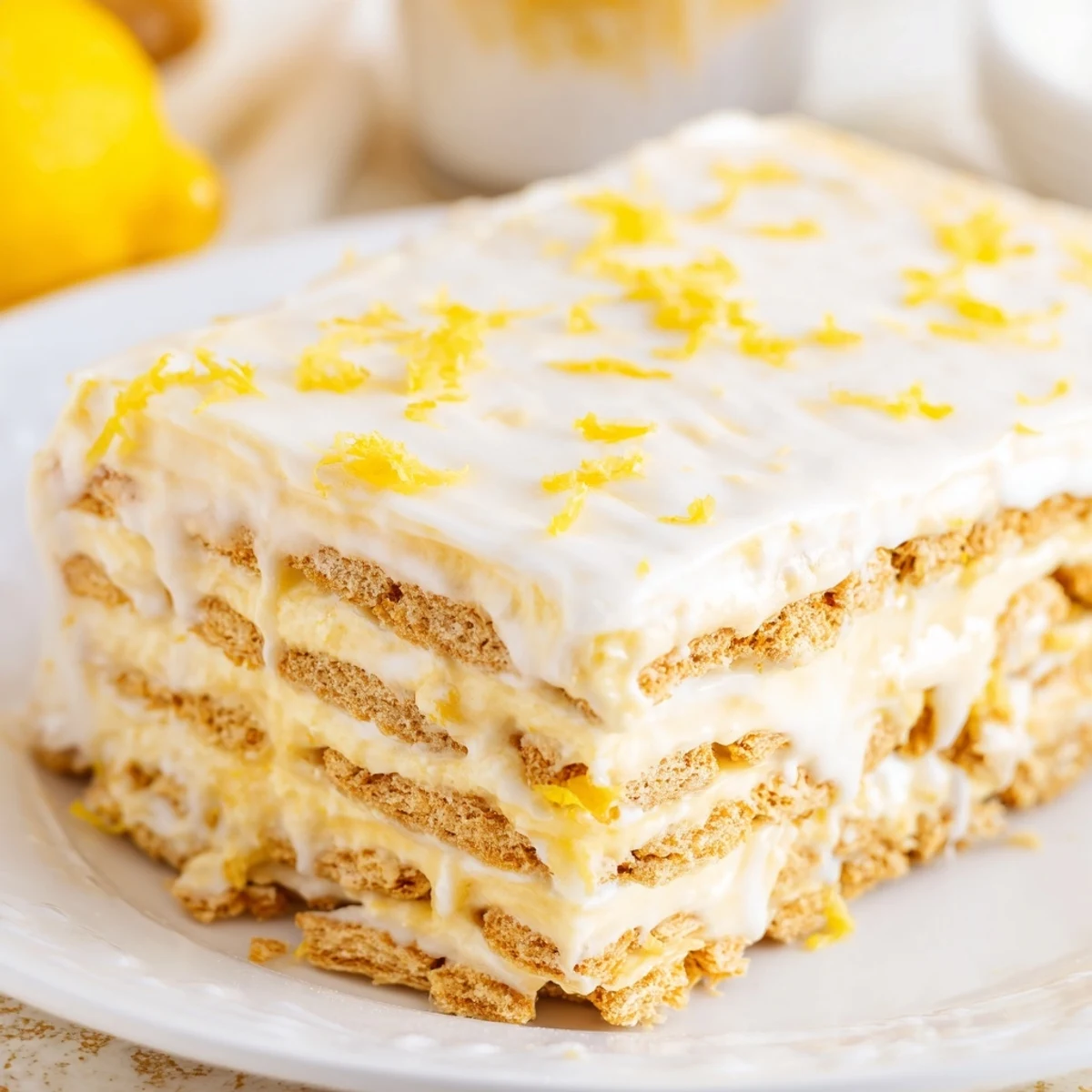 Creamy layered lemon eclair dessert with whipped topping and honey graham cracker sheets