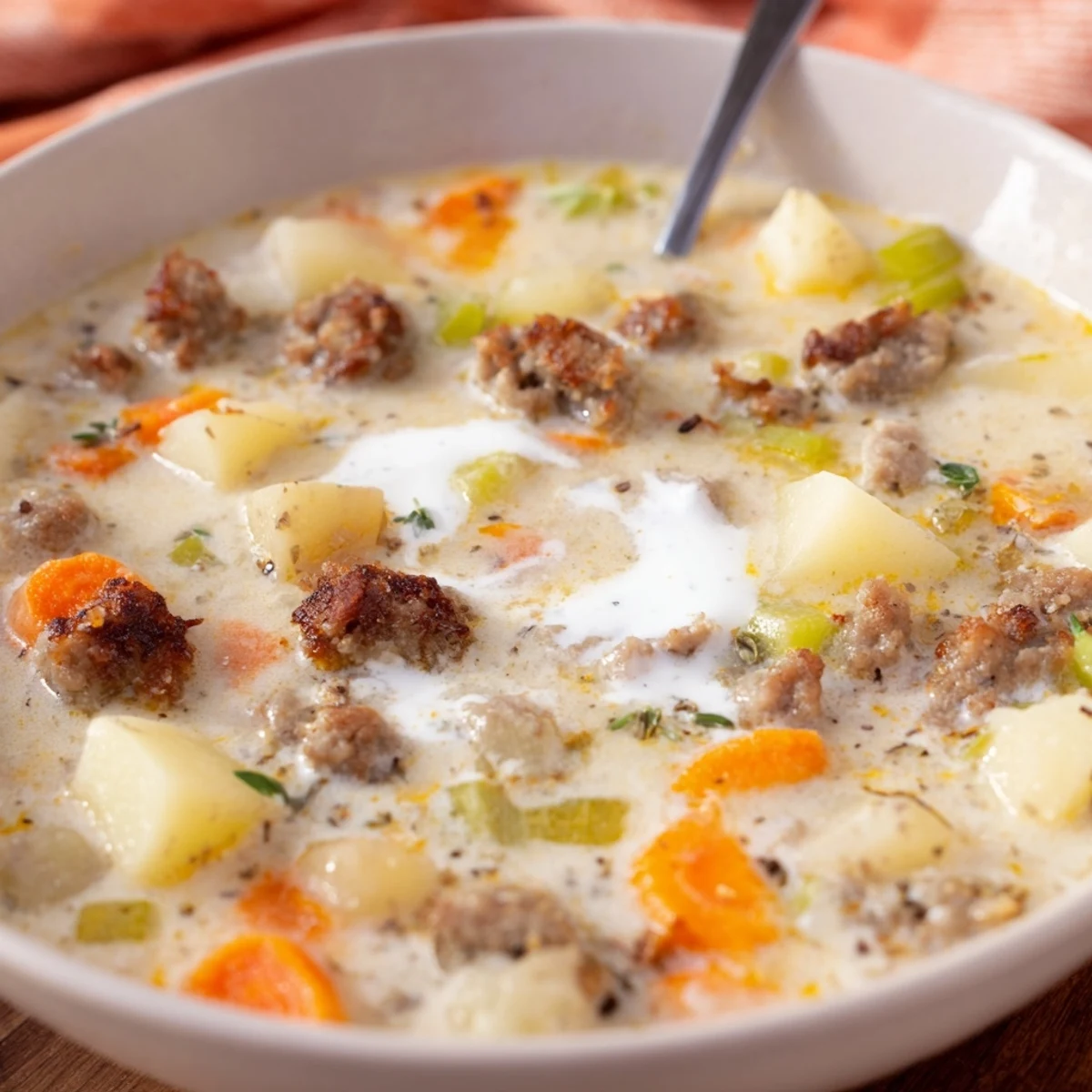 Creamy pork sausage potato soup brimming with tender vegetables in a rustic bowl