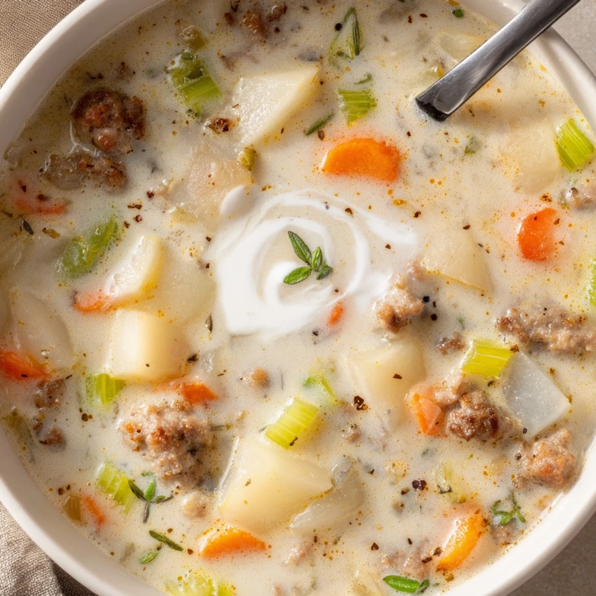 Hearty sausage and potato soup garnished with fresh parsley and melted cheddar cheese