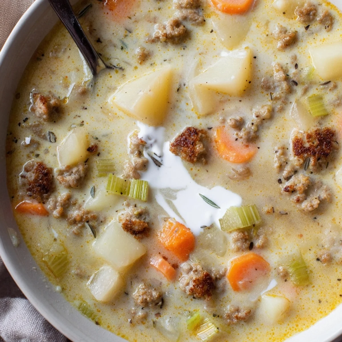 Savory pork sausage potato soup featuring diced carrots, celery, and onions in rich broth
