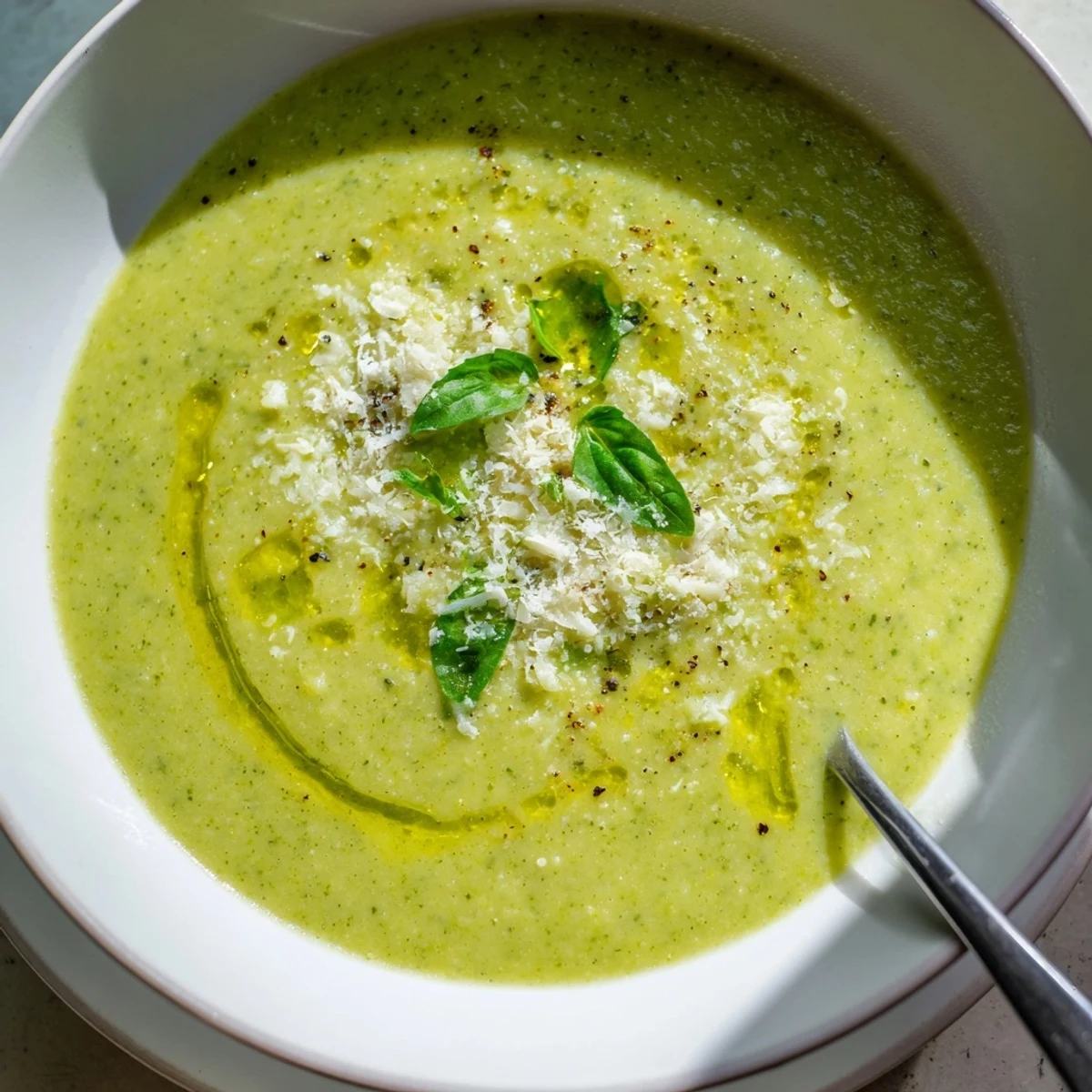 Velvety green homemade Italian broccoli soup drizzled with olive oil and served with crusty bread