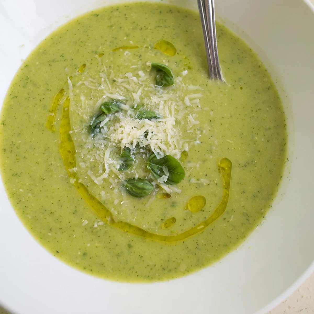 Creamy homemade Italian broccoli soup garnished with grated Parmesan and fresh basil in a white bowl