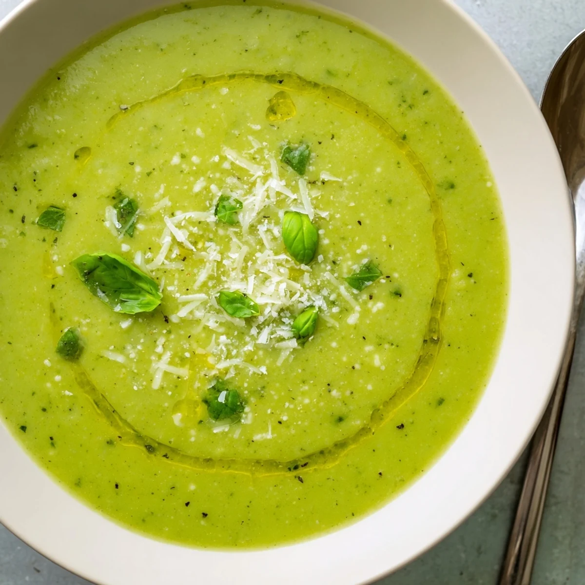 Steaming bowl of homemade Italian broccoli soup topped with extra Parmesan and chopped parsley