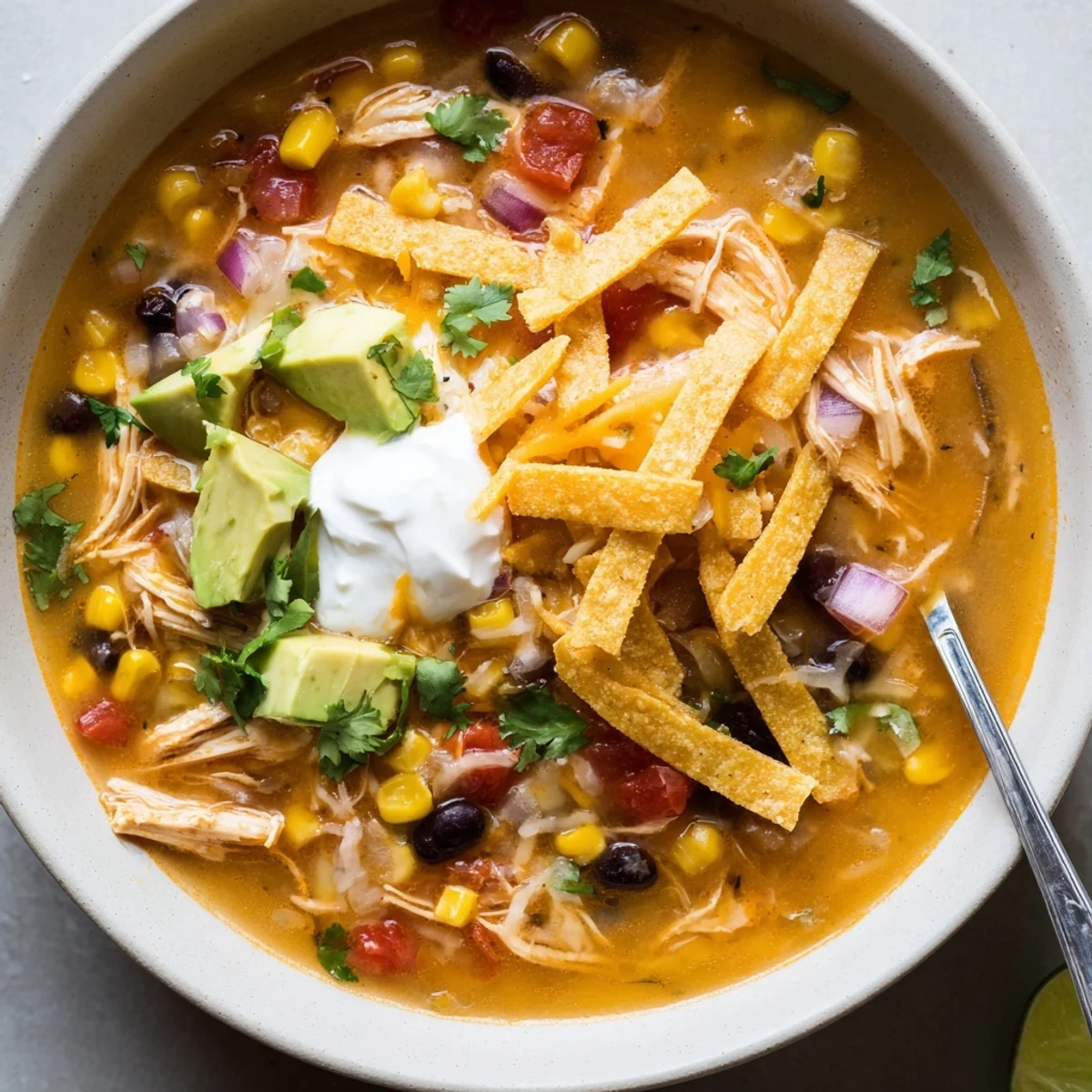 Steaming bowl of classic chicken tortilla soup topped with crispy golden tortilla strips and fresh cilantro