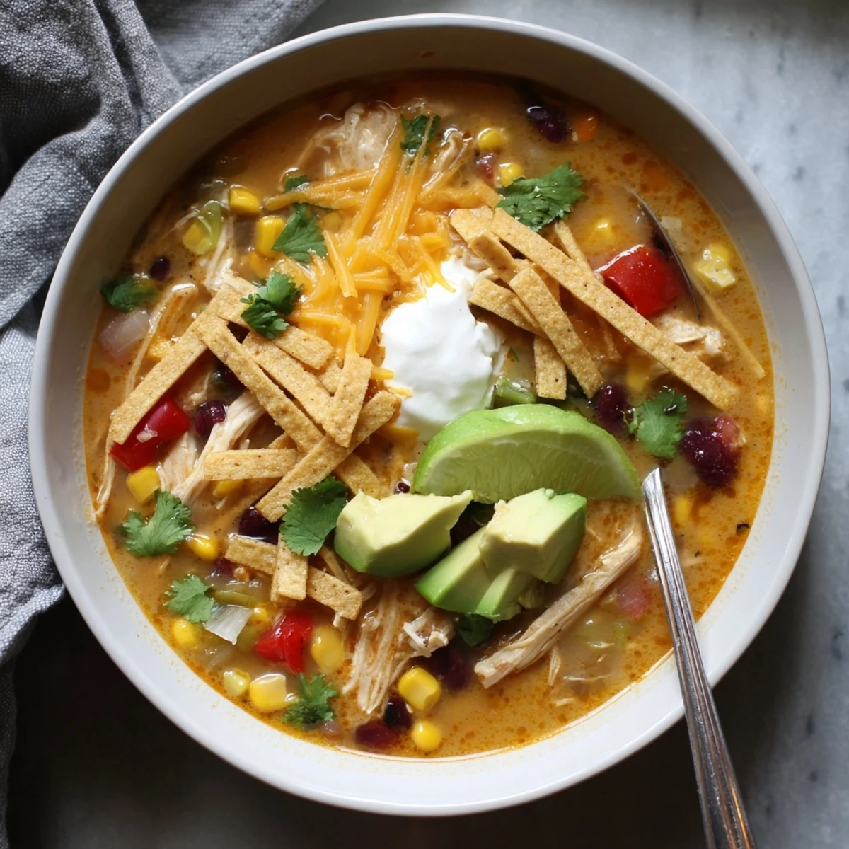 Rustic chicken tortilla soup simmered with diced tomatoes black beans and garnished with creamy avocado