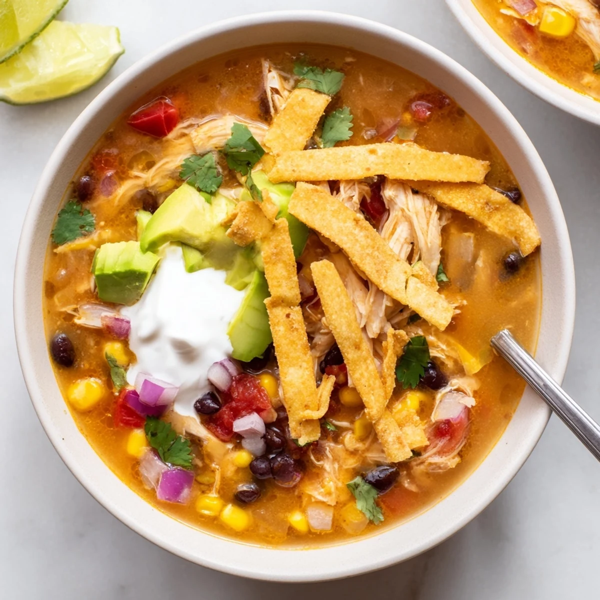 Hearty classic chicken tortilla soup featuring shredded chicken in a spiced broth with crunchy corn tortilla garnish