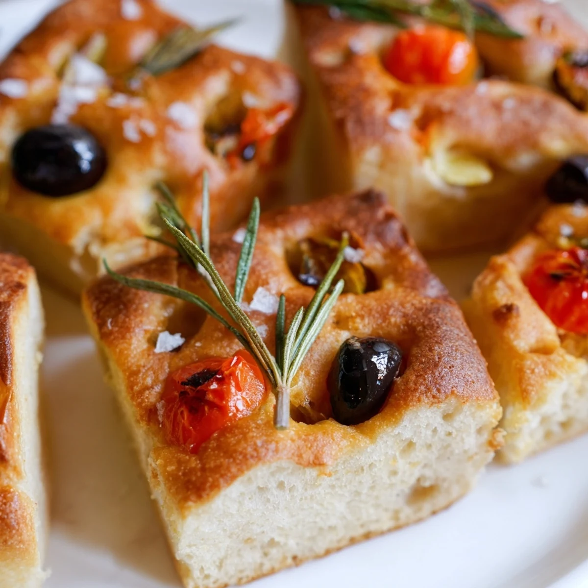 Golden brown mini focaccia bread topped with rosemary and sea salt on a wooden board