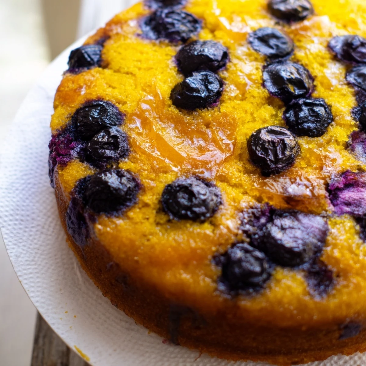 Golden blueberry upside down cake with caramelized fruit topping and moist vanilla crumb