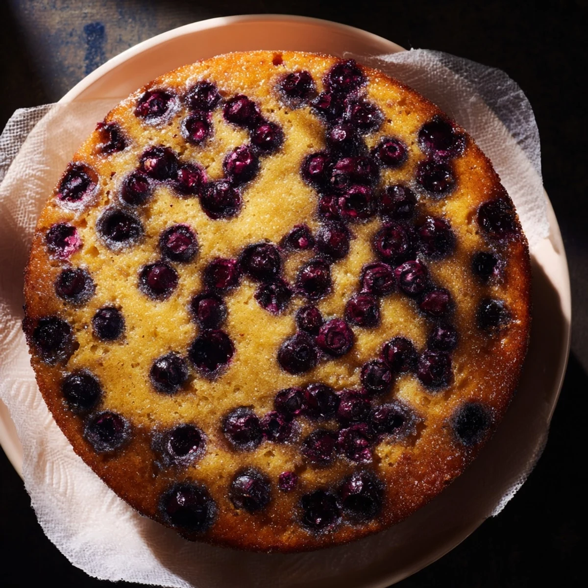 Slice of blueberry upside down cake served on white plate with whipped cream