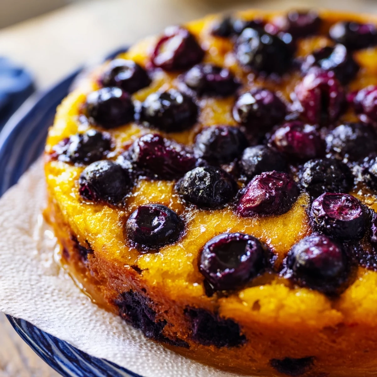 Fresh blueberry upside down cake flipped onto serving platter showing glossy purple fruit layer