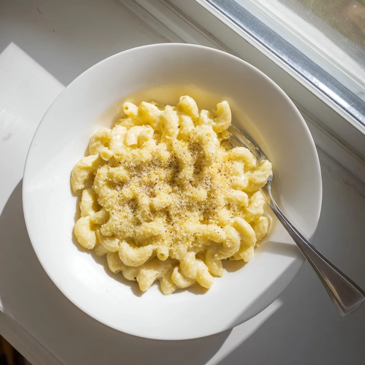 Creamy Boursin mac and cheese with golden breadcrumb topping bubbling in a white baking dish