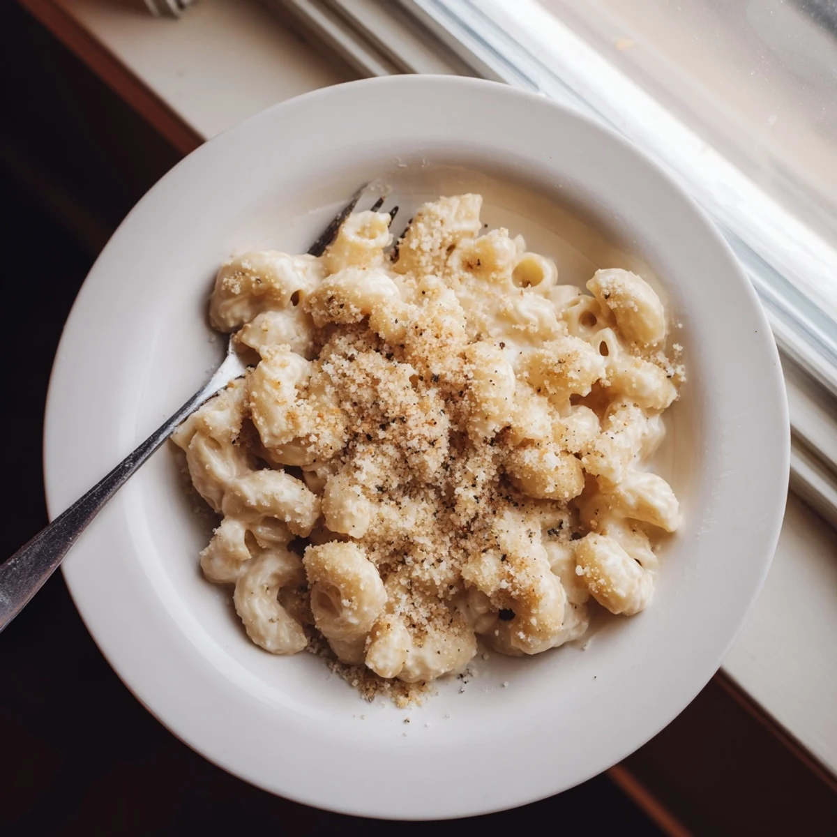 Baked Boursin mac and cheese sprinkled with fresh parsley on a rustic wooden table