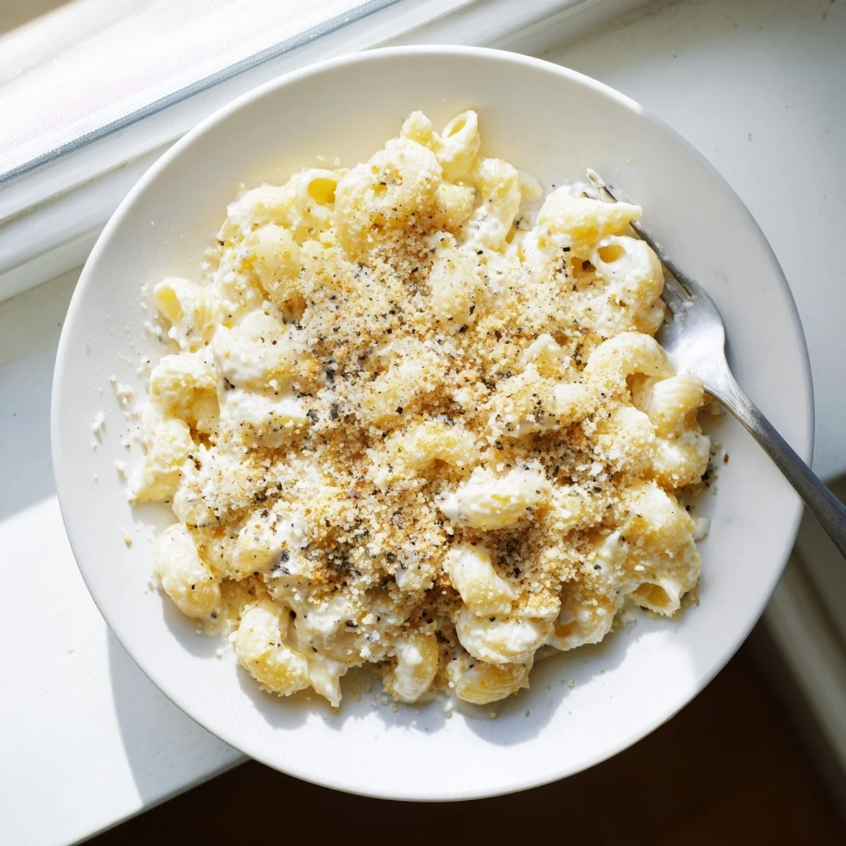 Steaming bowl of herbed Boursin mac and cheese with fork lifting cheesy pasta strands