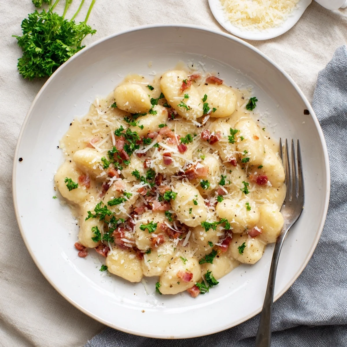 Plates of pillowy gnocchi tossed with smoky bacon bits and rich carbonara sauce topped with Parmesan