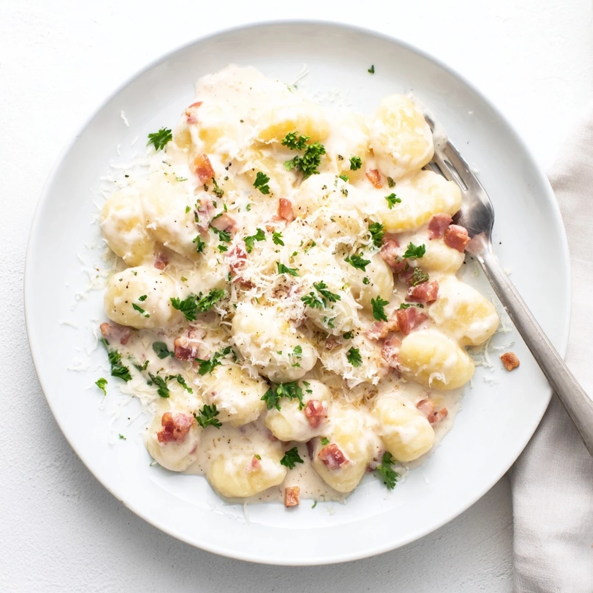 Golden gnocchi carbonara with crispy bacon and freshly grated Parmesan cheese in a creamy white sauce