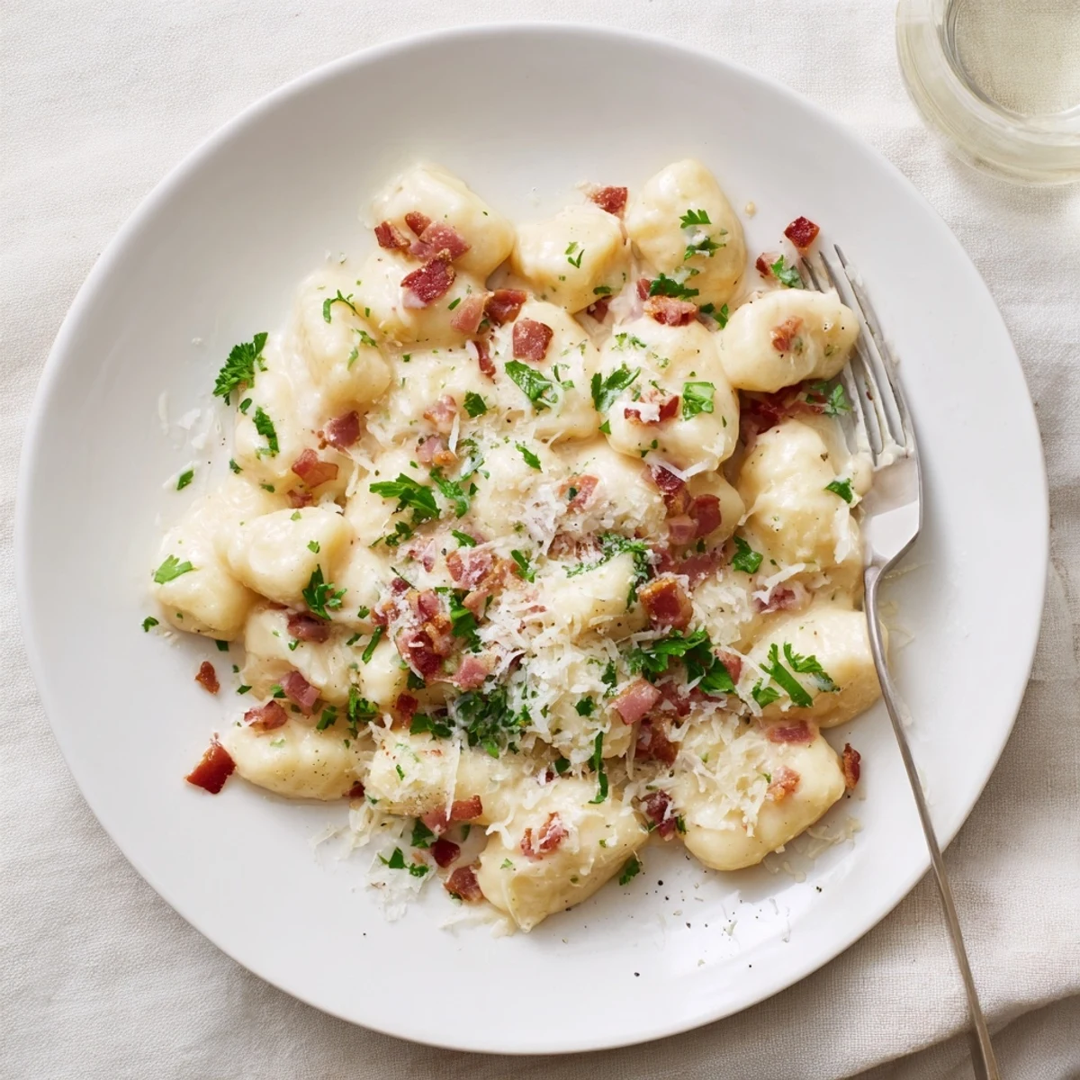 Comforting gnocchi carbonara bowl featuring tender potato dumplings coated in silky egg sauce with savory bacon