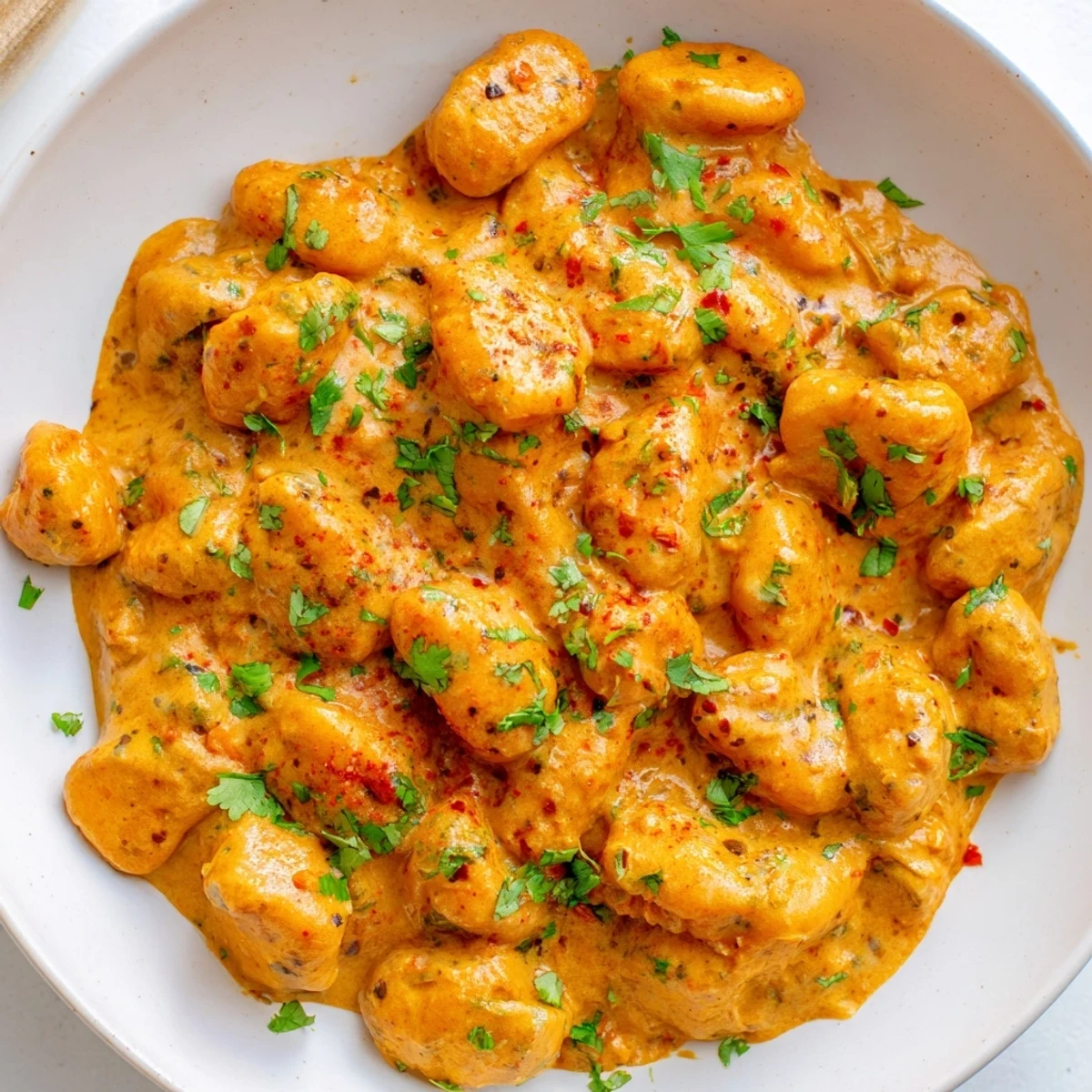 Golden potato gnocchi swimming in aromatic tikka masala sauce topped with vibrant green cilantro leaves
