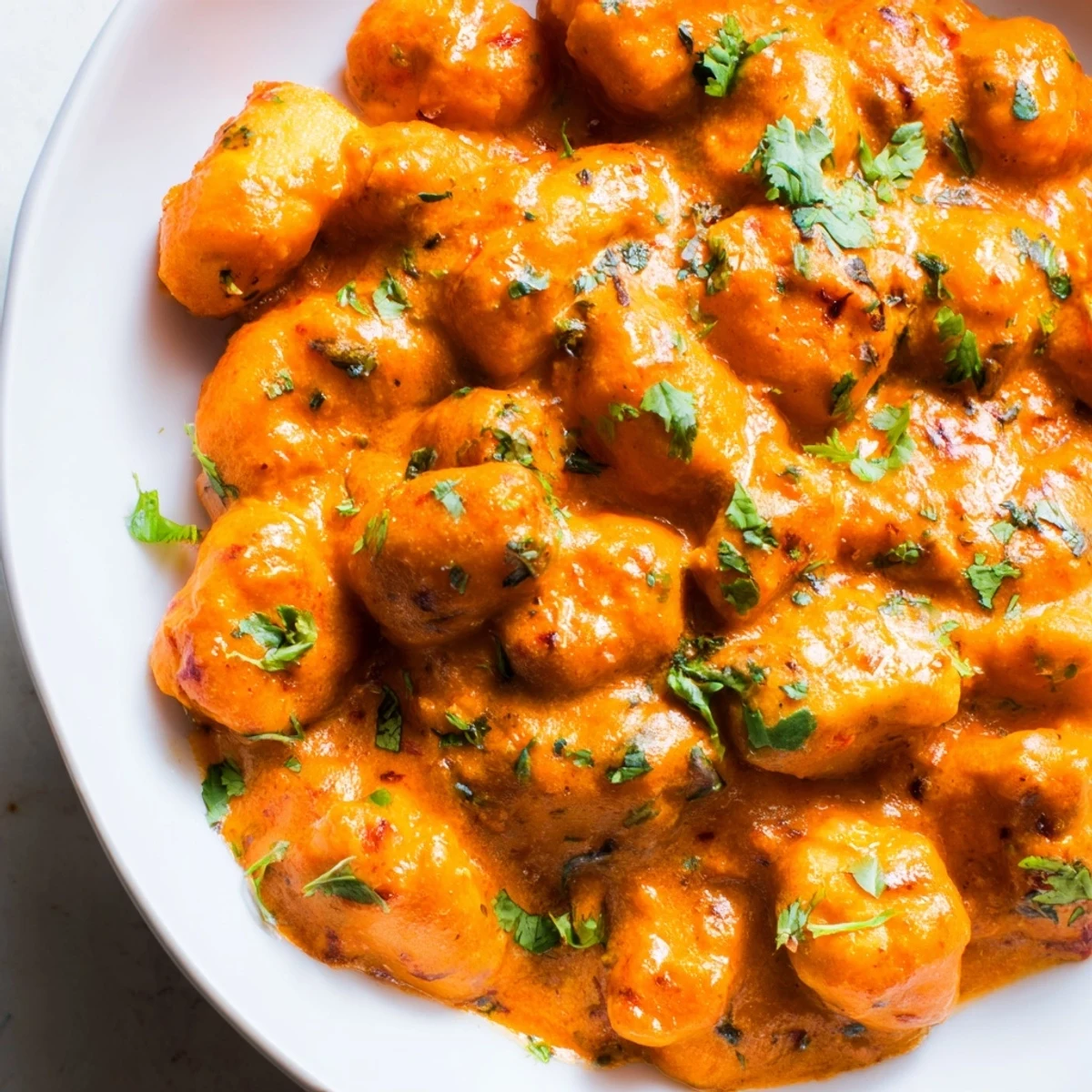 Creamy tikka masala gnocchi plated with fresh cilantro garnish in a rich orange-red spiced sauce