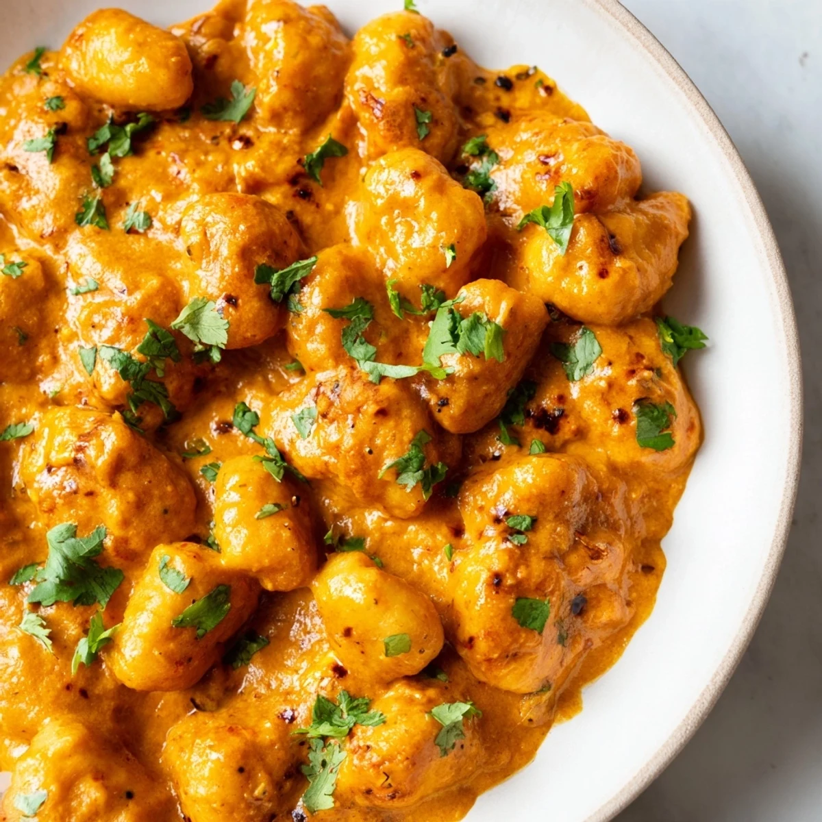 Fusion tikka masala gnocchi dish featuring pillowy pasta coated in a velvety tomato-cream curry sauce