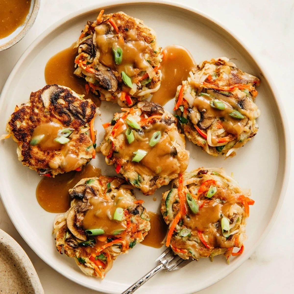 Golden brown crispy Egg Foo Young patties topped with rich savory brown gravy