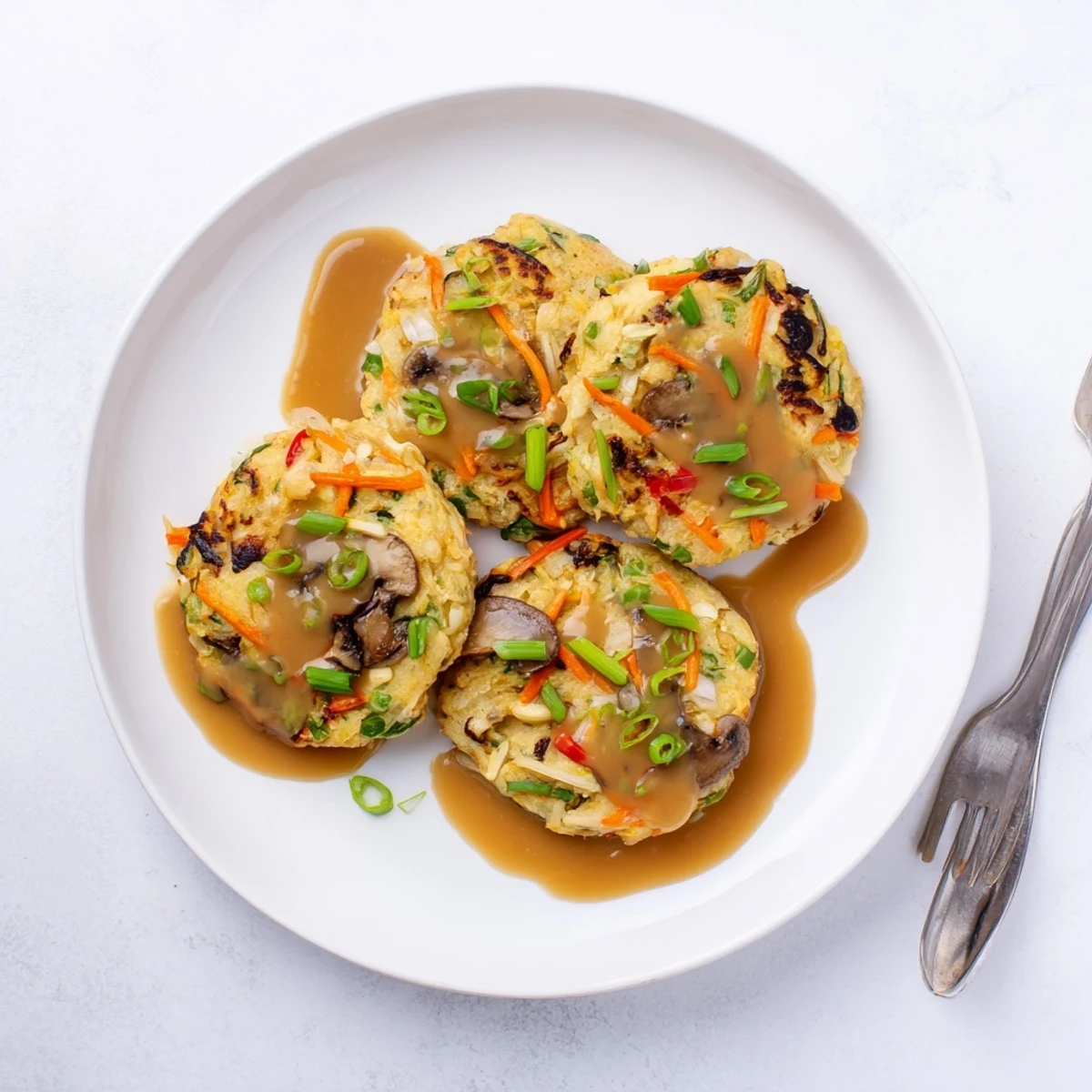 Vegetable-packed Egg Foo Young served hot with drizzled brown sauce over crispy edges