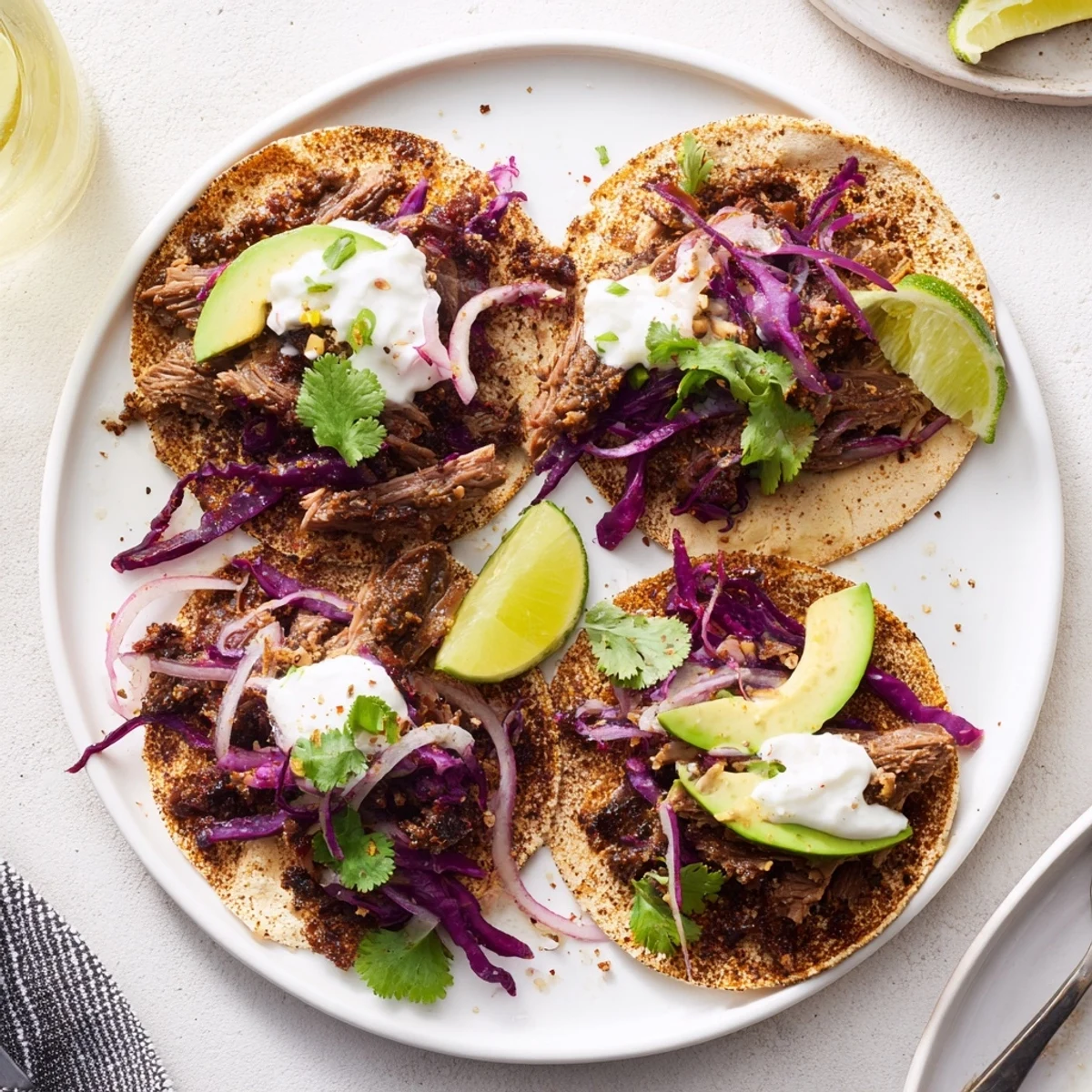 Succulent cumin crusted leg of lamb sliced inside warm corn tortillas with fresh cilantro and avocado garnish