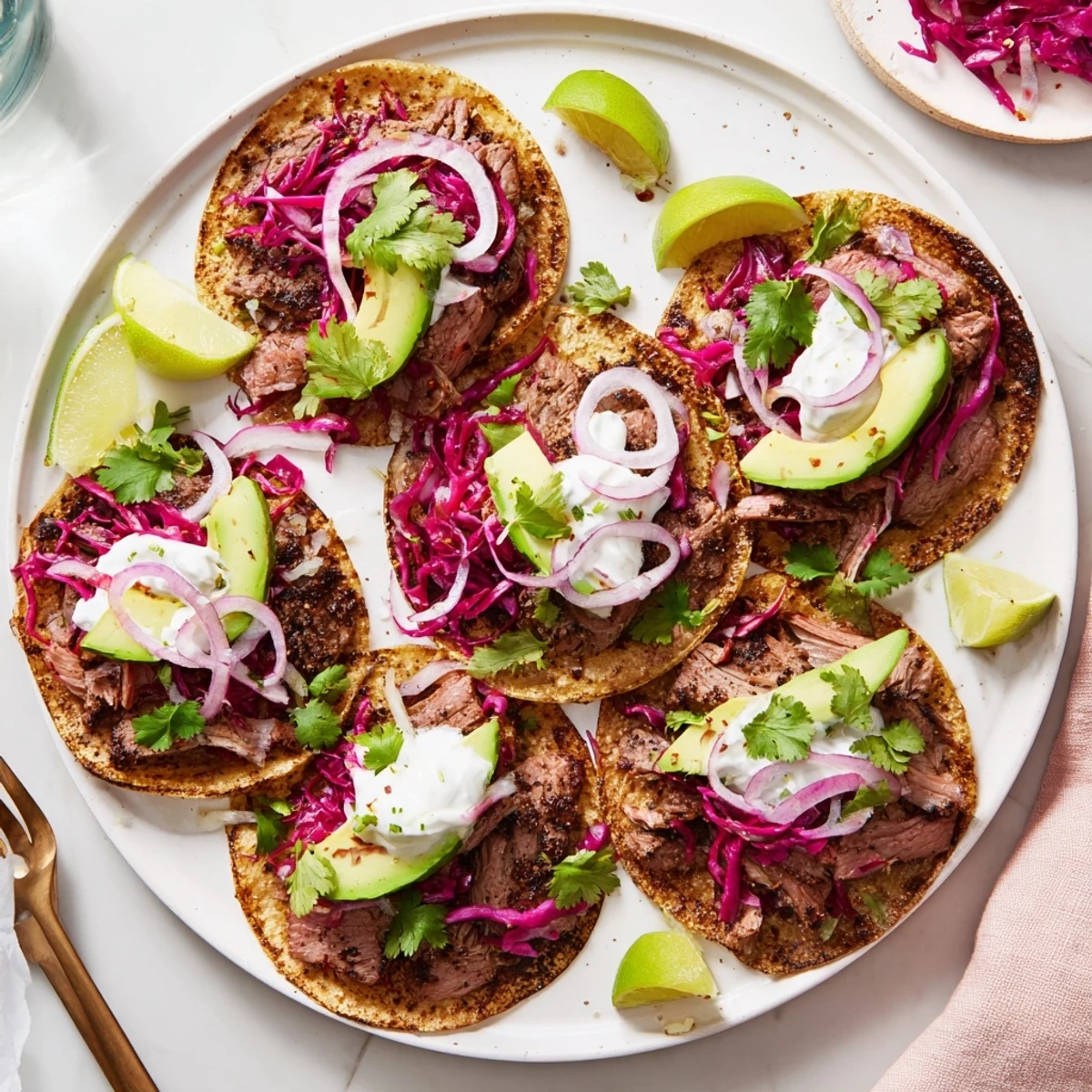 Roast leg of lamb seasoned with aromatic cumin and paprika served in soft flour tacos with crisp red cabbage