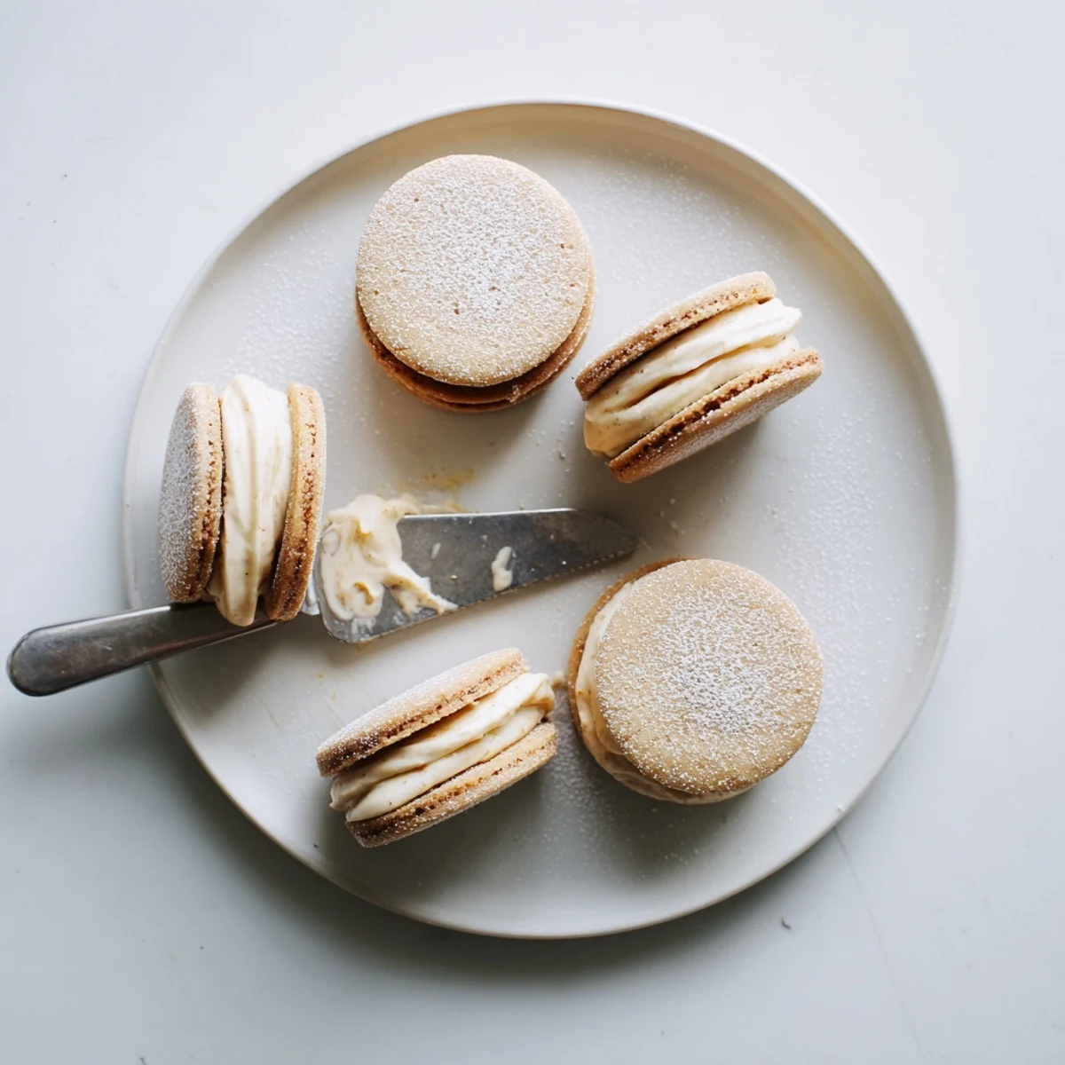 Delicate buttery chai shortbread cookie sandwiches stacked on a serving plate with tea