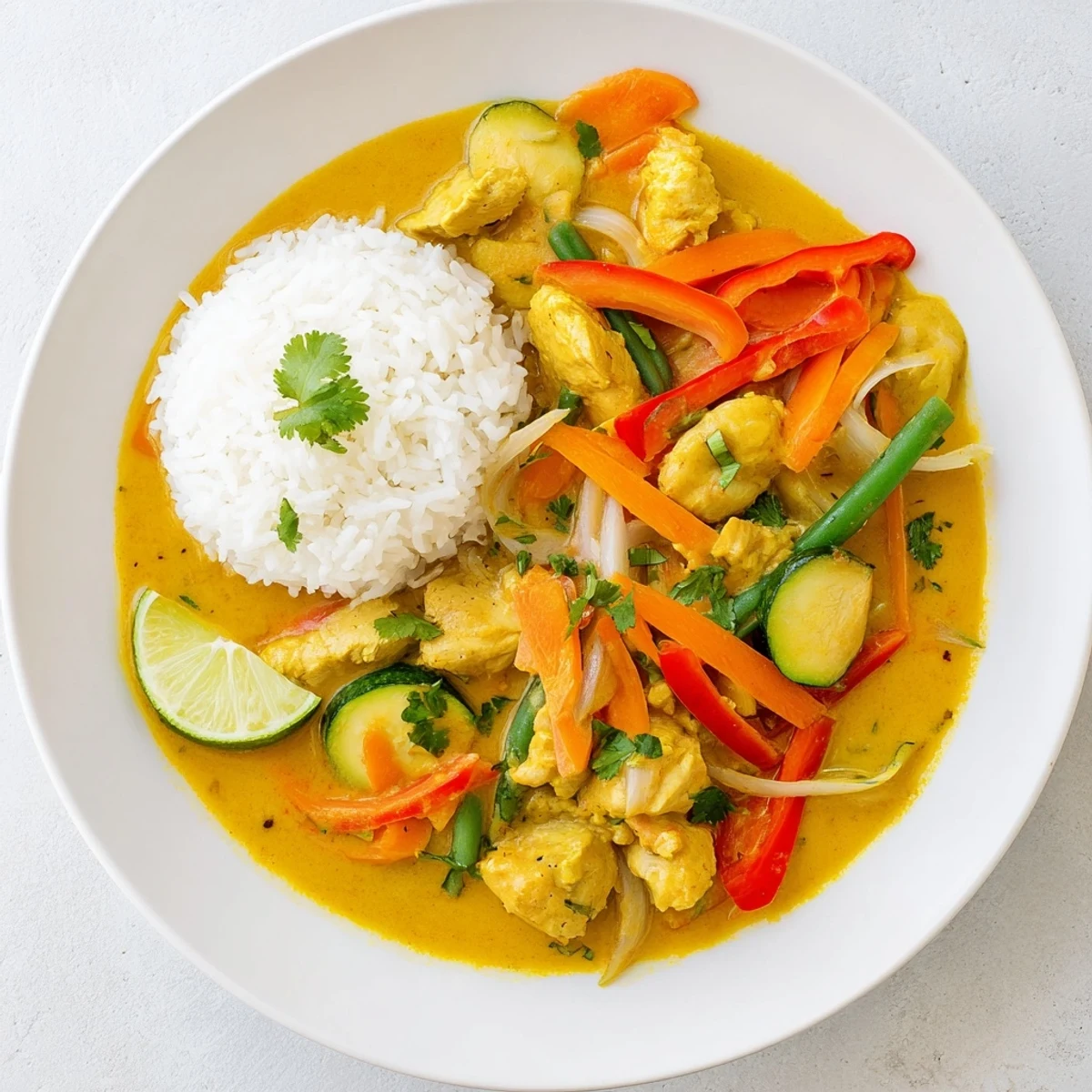 Golden yellow curry featuring tender chicken and colorful vegetables in rich coconut sauce served over fluffy jasmine rice with fresh cilantro garnish