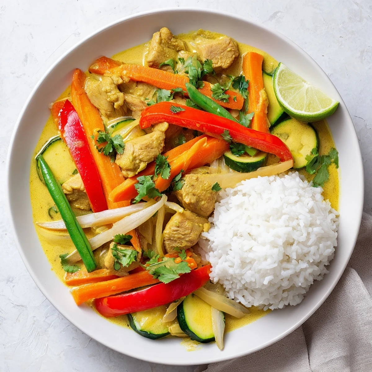 Savory Thai yellow jungle chicken curry bubbling in a wok with vibrant bell peppers zucchini and aromatic herbs