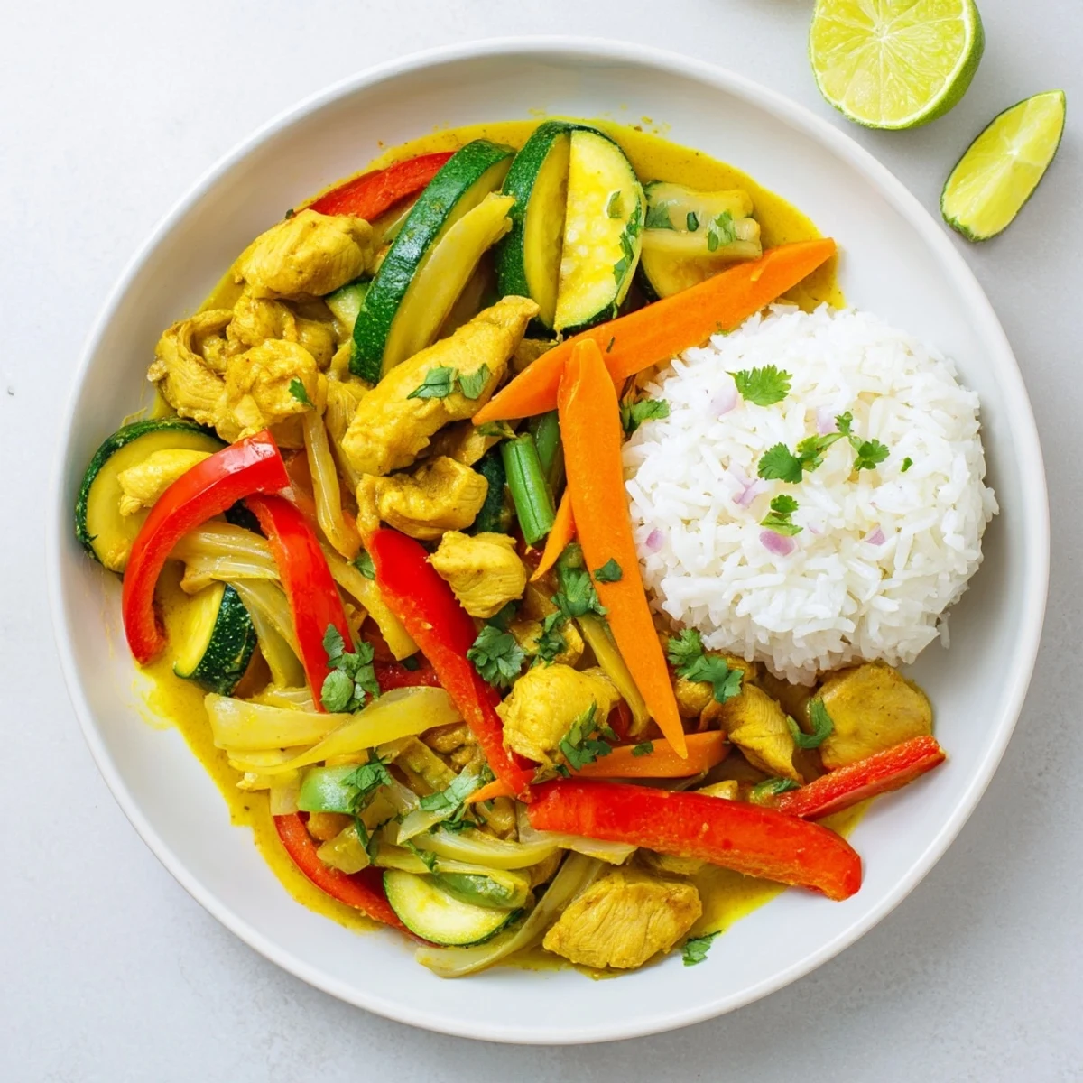 Creamy coconut-based yellow curry with juicy chicken chunks steaming alongside fresh lime wedges and rice noodles on white plate