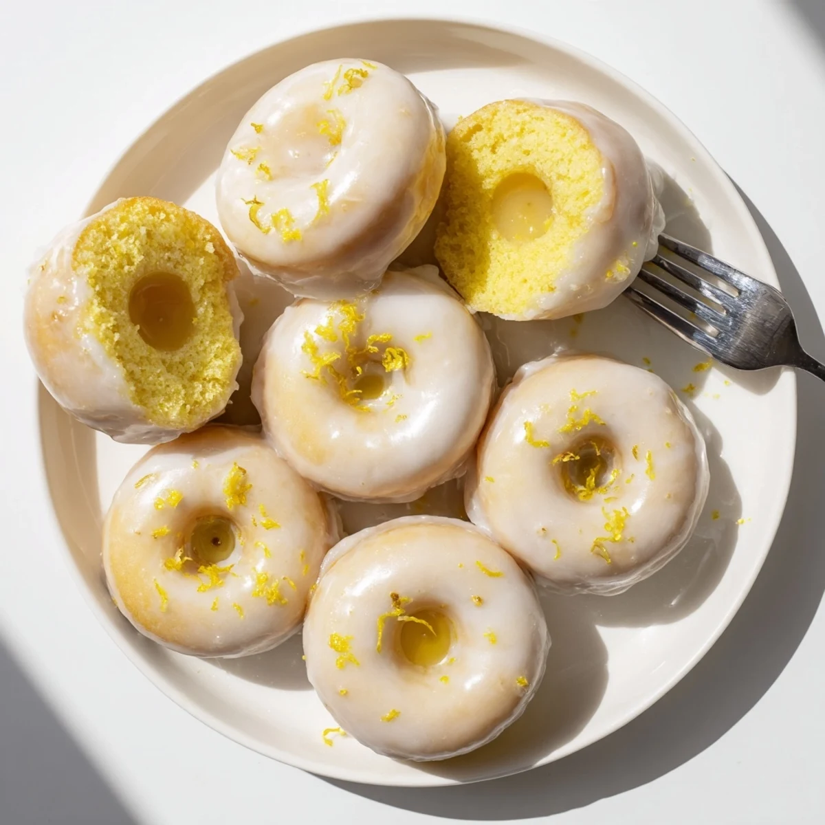 Close up of lemon mochi donuts topped with zesty white icing and lemon zest