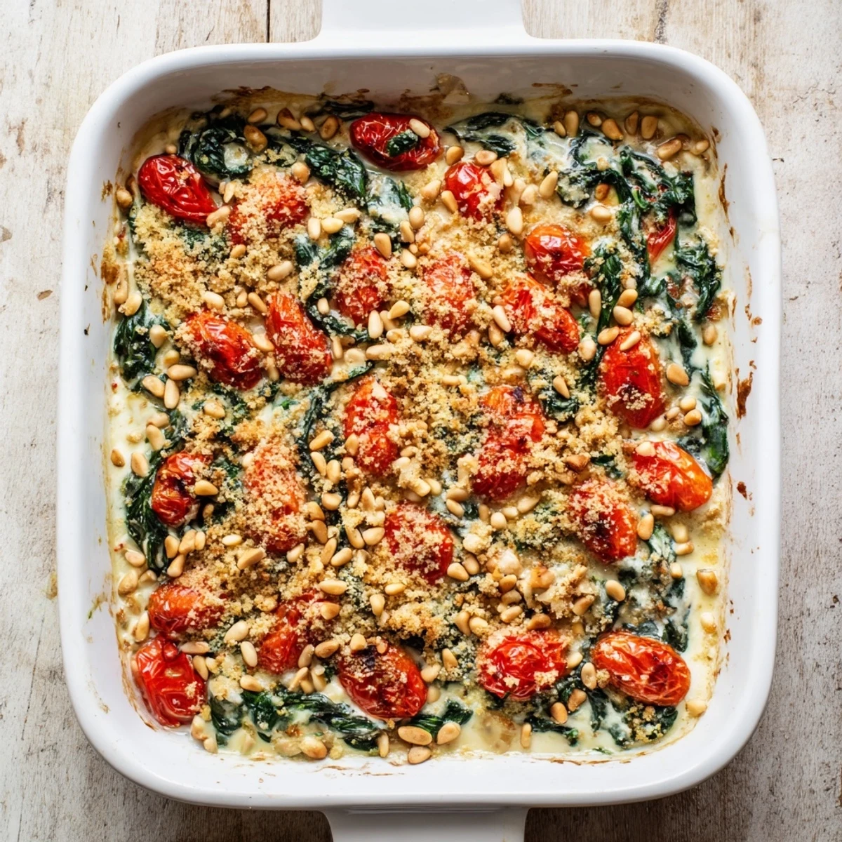 Vegetarian Mediterranean bake showcasing tender spinach juicy tomatoes and toasted pine nuts in rich cream sauce