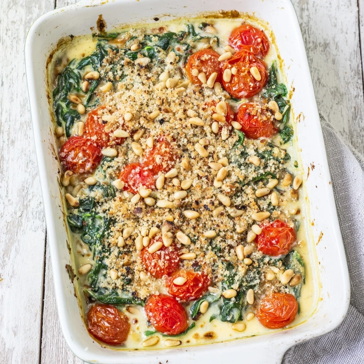 Slices of creamy tomato spinach pine nut bake served on white plate with fresh basil garnish