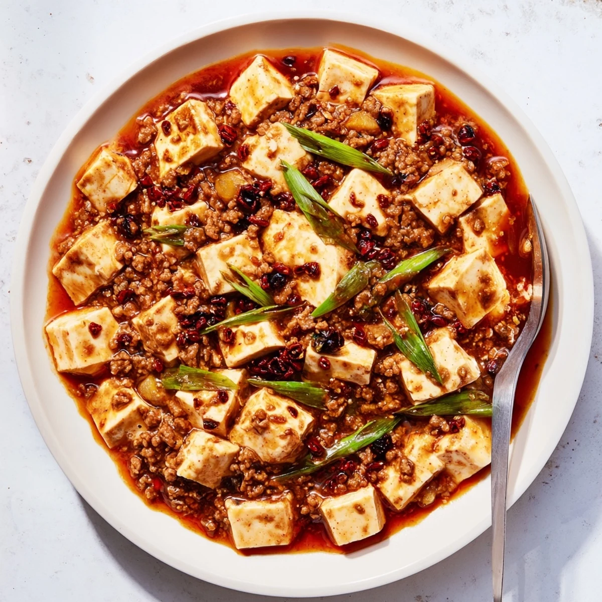 Silky tofu cubes in spicy Mapo Tofu with ground pork and aromatic Sichuan peppercorns