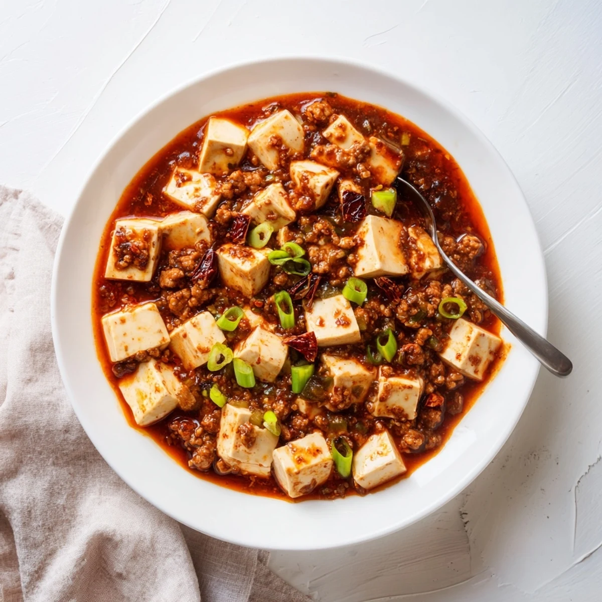 Authentic Mapo Tofu served over rice garnished with fresh scallions and numbing spices