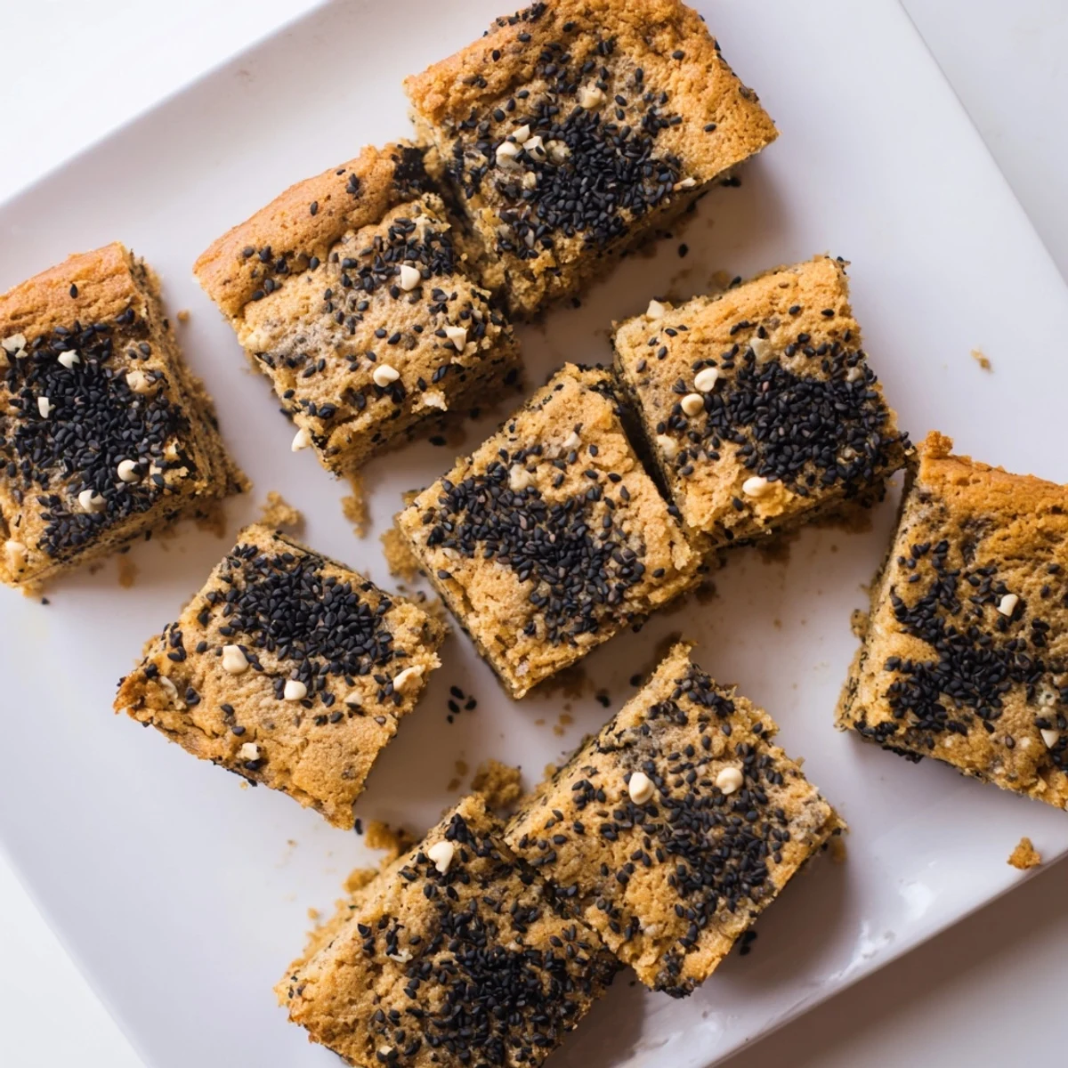 Chewy black sesame blondies topped with toasted seeds and speckled with nutty swirls